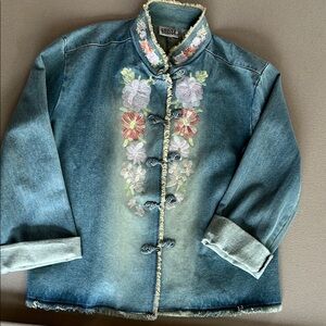 Chico's Blue and Pink Embroidered Jean Jacket